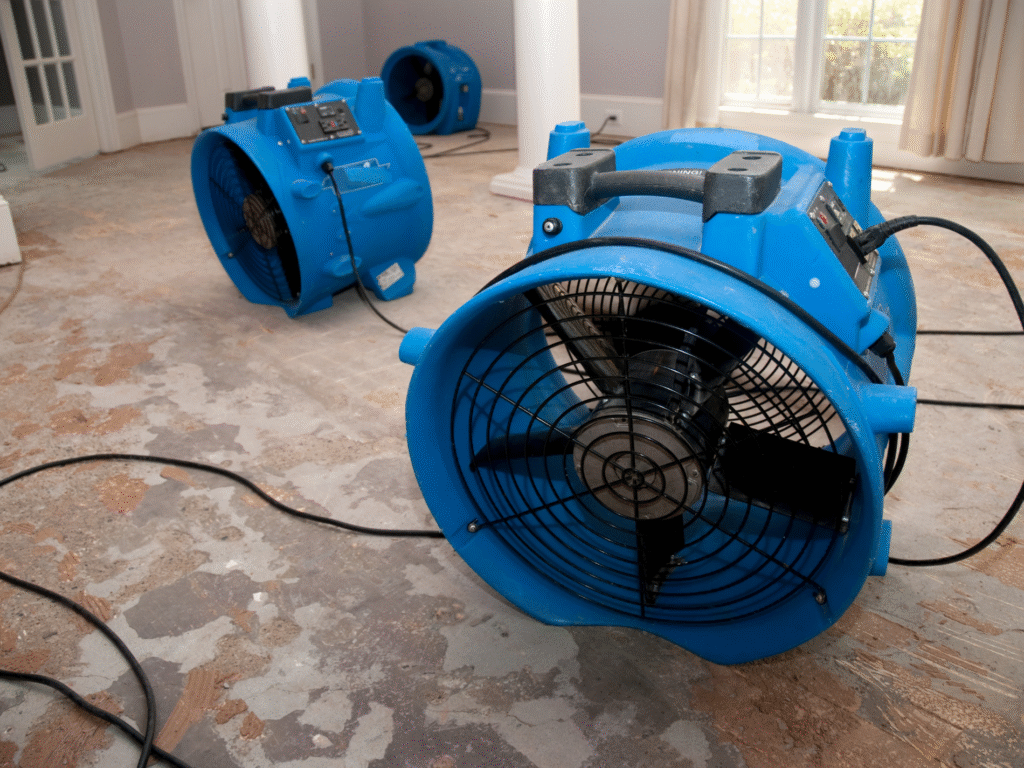 Blue industrial air movers drying a water-damaged floor inside a home during professional water damage restoration.
